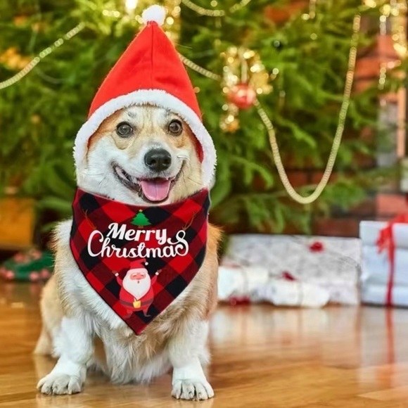 Christmas Dog Bandanna Tartan Plaid Merry Christmas Graphic Tie On Black Red OS - Picture 1 of 10